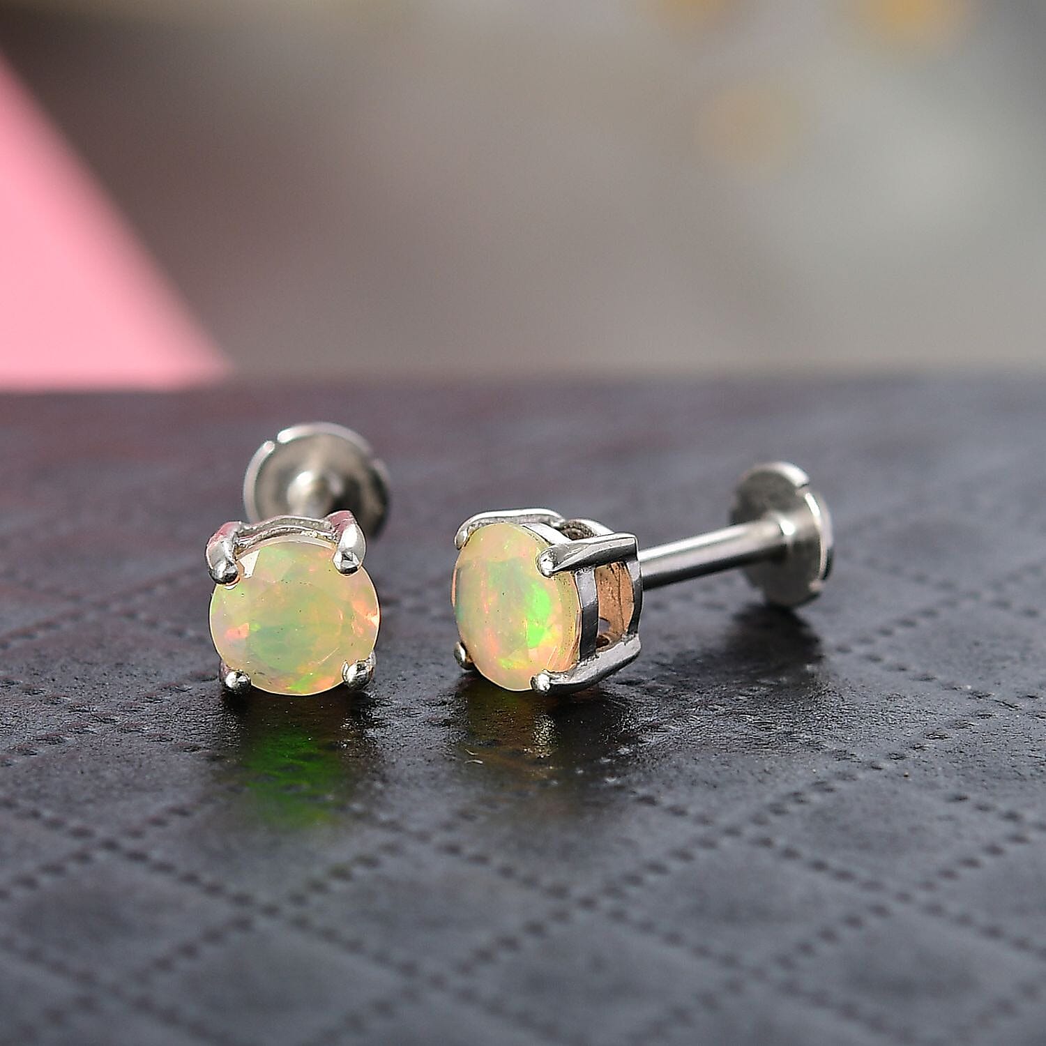 Ethiopian Opal Earring with Screw Back in Rhodium Overlay Sterling Silver